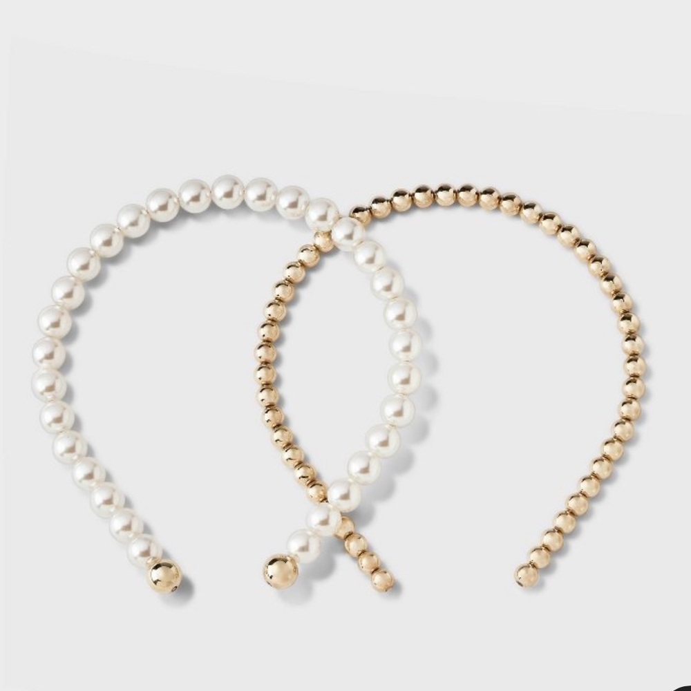 A New Day Beaded Headband Set 2 Pieces White Pearl and Gold NWT All Hair Types